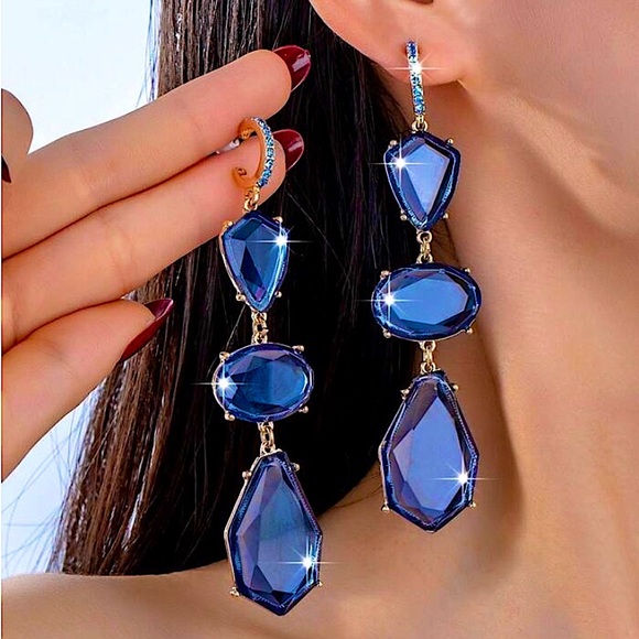 Gold Plated Blue Crystal Dangle Earrings – Exaggerated Geometric Statement Style - Picture 1 of 5